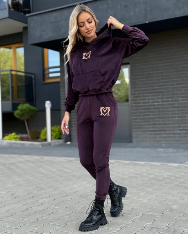 Komplet Dresowy Marina Welurowy Dres Bluza + Spodnie Haft Śliwka S - obrazek 2