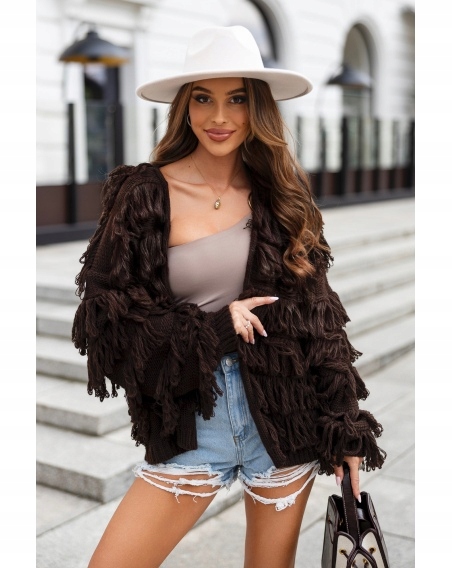 Kardigan Frędzle Boho Oversize Ciepły sweter Polska Jakość czekolada - obrazek 3