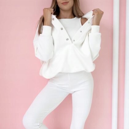 Komplet Dresowy 3 Częściowy Bluza Oversize + Top + Legginsy Prążek Biały