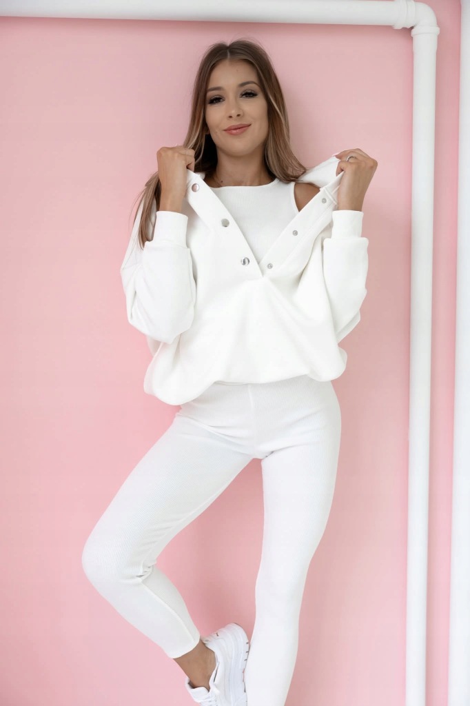 Komplet Dresowy 3 Częściowy Bluza Oversize + Top + Legginsy Prążek Biały