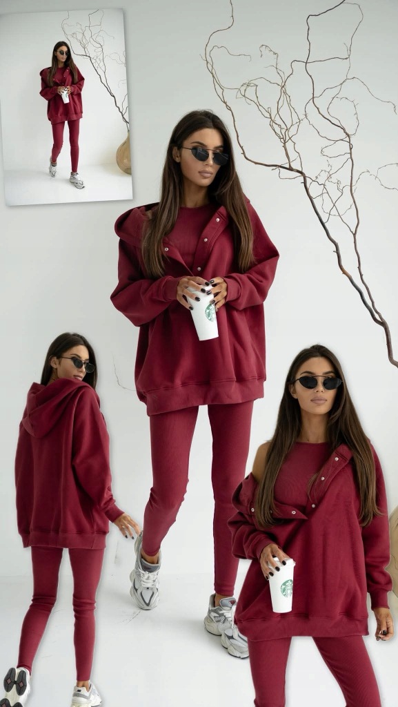 Komplet Dresowy 3 Częściowy Bluza Oversize + Top + Legginsy Prążek Bordowy - obrazek 4