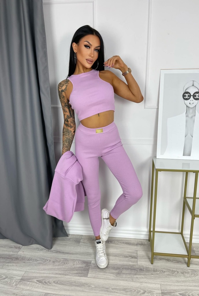 Komplet Dresowy 3 Częściowy Bluza Oversize + Top + Legginsy Prążek Lila - obrazek 3