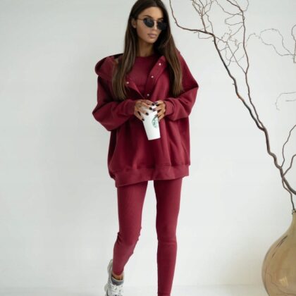 Komplet Dresowy 3 Częściowy Bluza Oversize + Top + Legginsy Prążek Bordowy
