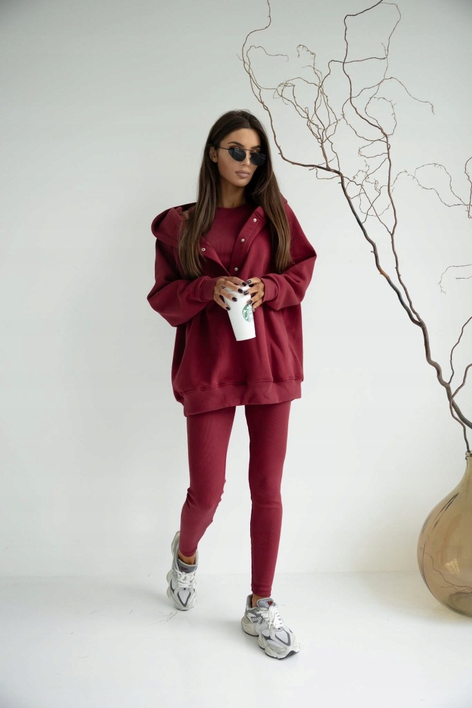 Komplet Dresowy 3 Częściowy Bluza Oversize + Top + Legginsy Prążek Bordowy