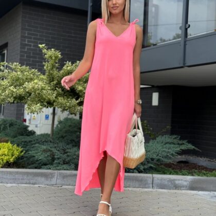 Sukienka Boho Maxi z Kieszeniami Neonowy Róż