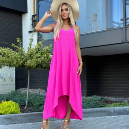 Sukienka Boho Maxi z Kieszeniami Fuksjowa