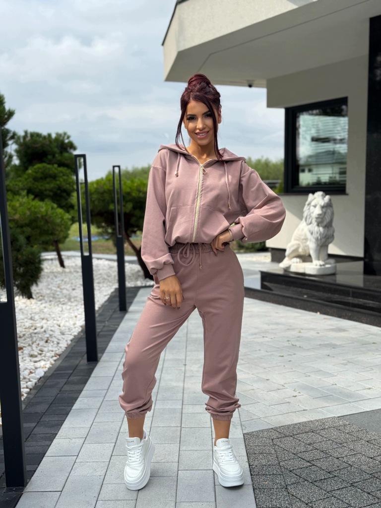 Komplet Dresowy Rozpinana Bluza z Kapturem + Spodnie Joggery Mokka